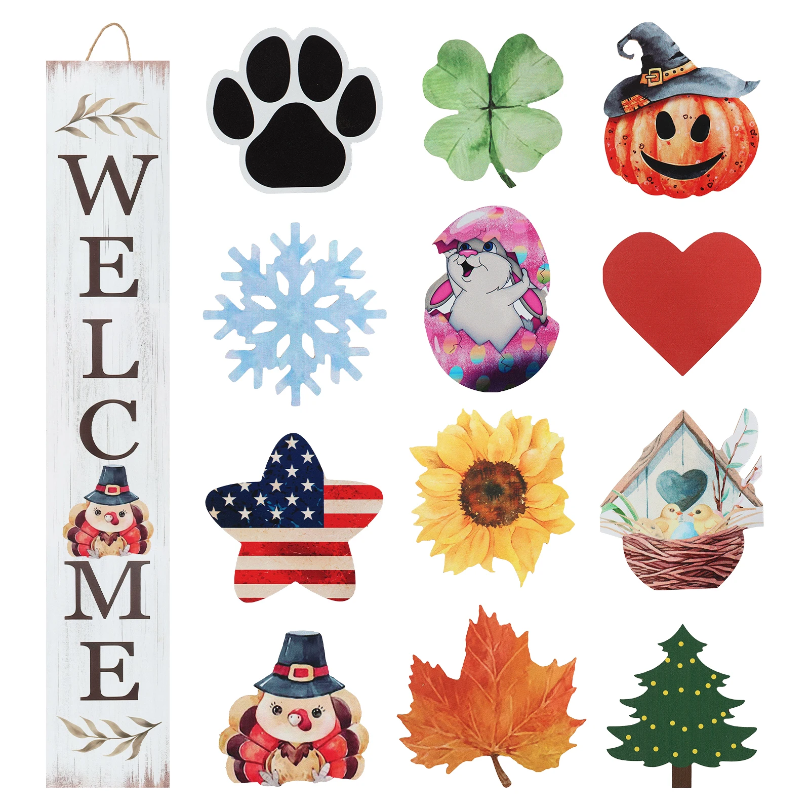 Interchangeable Wood Welcome Sign with Seasonal Icons Farmhouse Front Porch Welcome Sign Outdoor Welcome Sign Tool-free Install