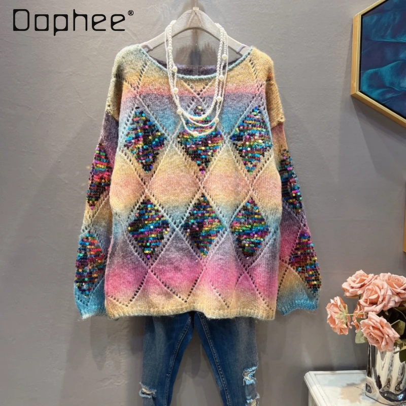 

Large Size Rainbow Sweater for Women 2024 Winter New Elegant Loose Women's Sequined Hollow Long Sleeve Pullover Knitswear Top