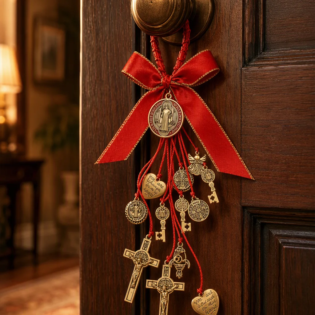 St Benedict Medal Cross San Benito Car Mirror Hanging Door Knob Ornament Red Bow Home Travel Protection Religious Gift Baptism