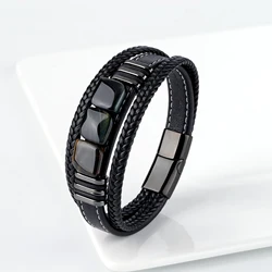New Vintage Jewelry Natural 3 Square Tiger Eye 3 Layer Leather Rope Men's Stainless Steel Bracelet Fashion Charm Jewelry