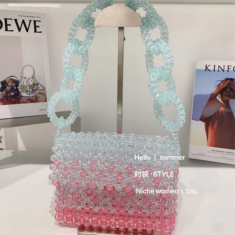 

Customized Crystal Bags New Fashion Instagram Texture Gradual Flap Flower Ring Handbag Handwoven Acrylic Beaded Shoulder Bag