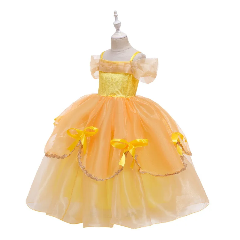 Girl Belle Dress Up Floral Children Party Princess Costume LED Light Kids Beauty and The Beast Halloween Carnival Outfit