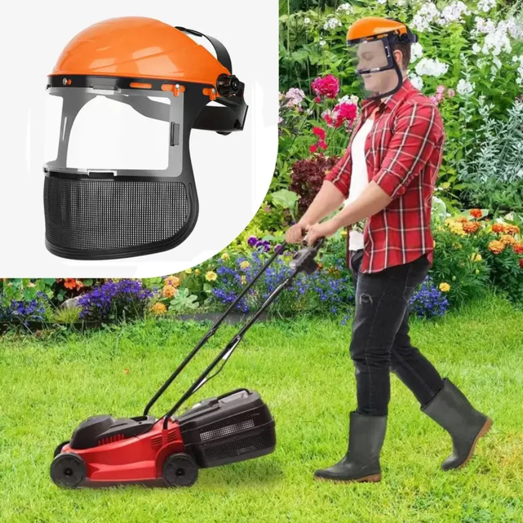 A safety helmet with a full face mesh protective mask, suitable for garden brush cutters and forestry splash protection