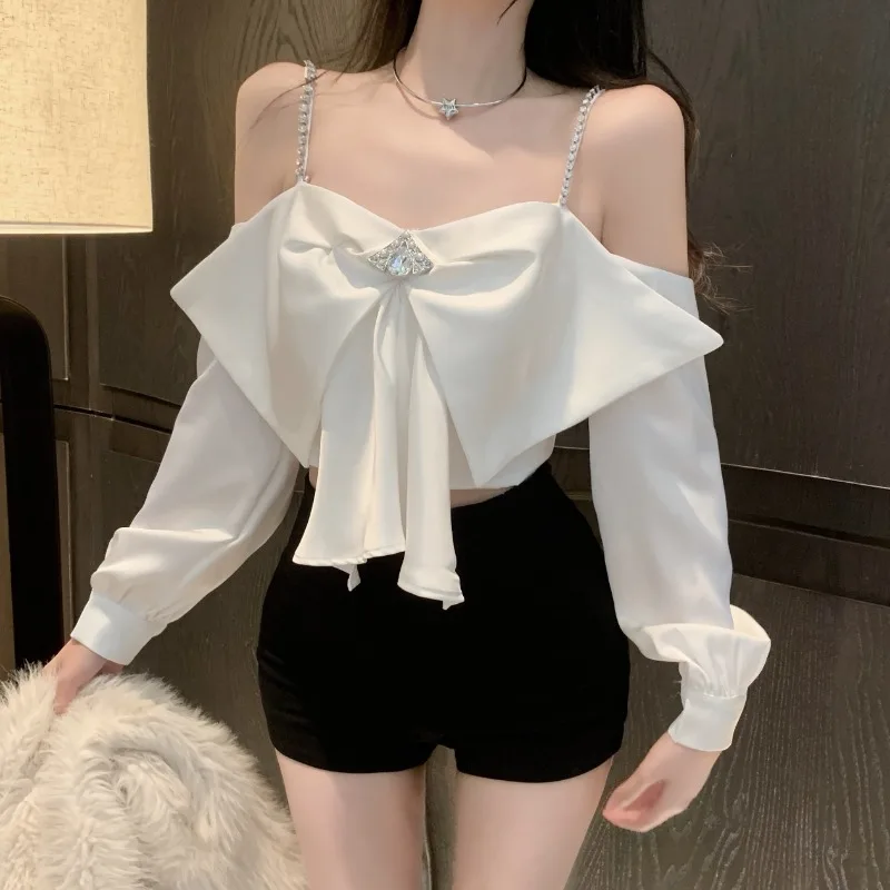 Ezgaga Sexy Shirts Women Slash Neck Off Shoulder Long Sleeve Backless Patchwork Elegant Blouse Female Fashion Crop Tops