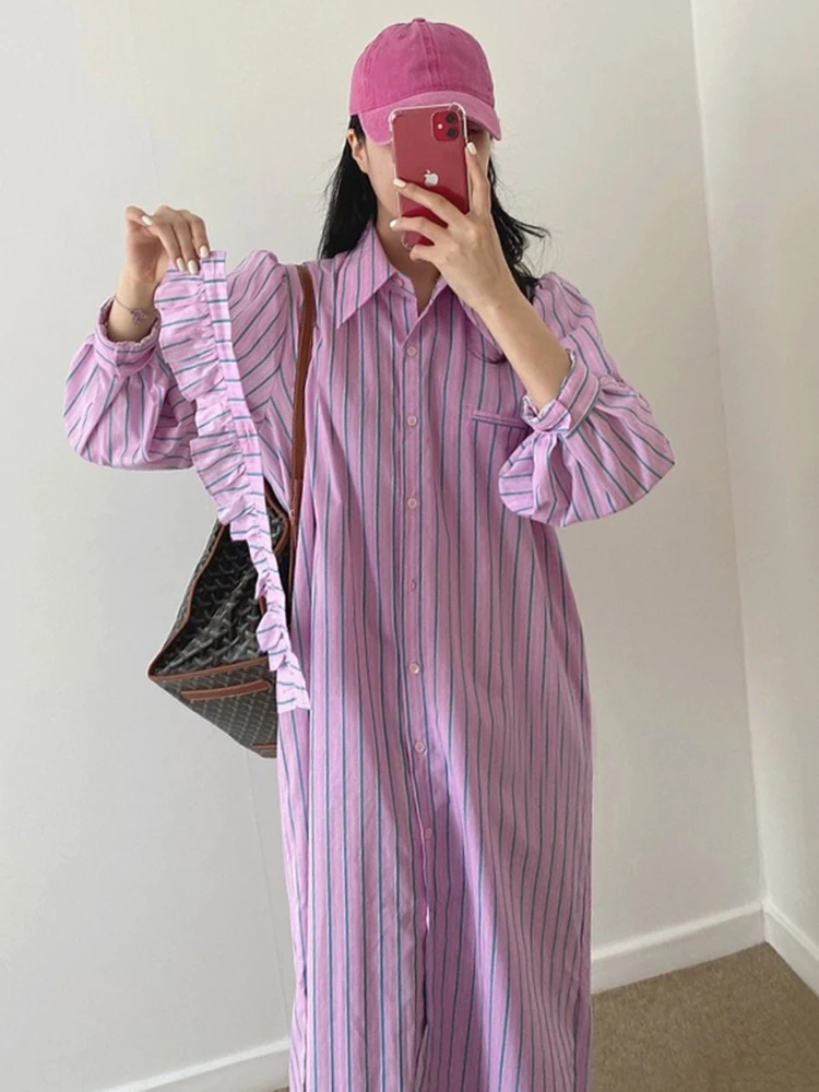 [EWQ] Fashion Turn-down Collar Detachable Wood Ear Edge Shirt Dress Loose Puff Sleeve Striped Dresses 2025 Summer New 16Y1318