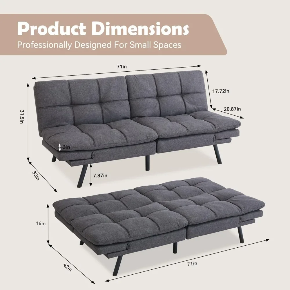 Convertible Futon Bed,Gray Memory Foam Loveseat Small Euro Lounger Sofa for Compact Living Spaces