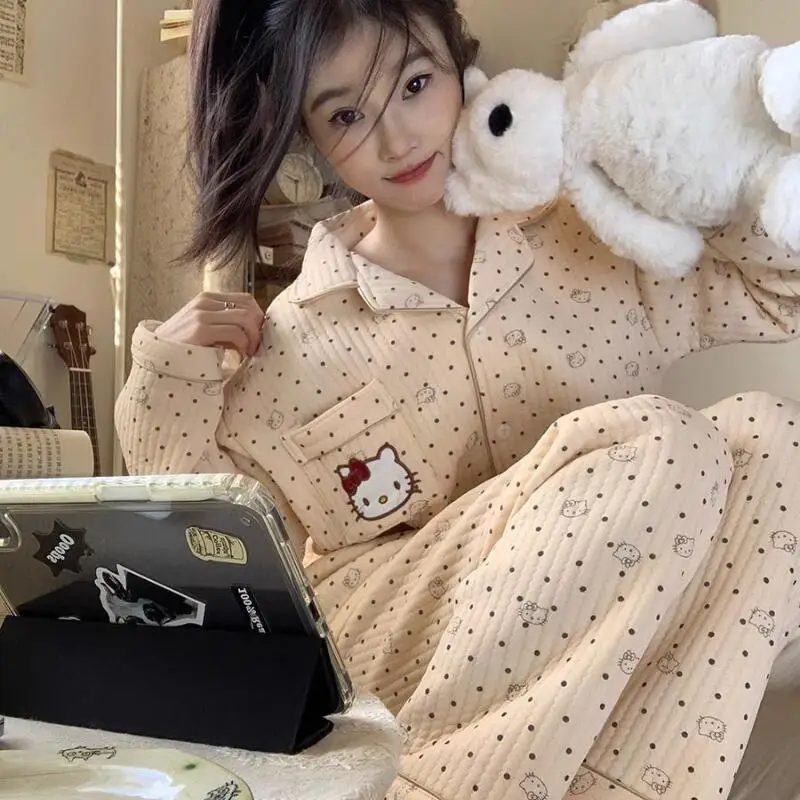 

Girls Pajamas Hello Kittys Student Long Sleeves Trousers Versatile Sweet Casual Home Wear New Style Print Creative Hot Selling