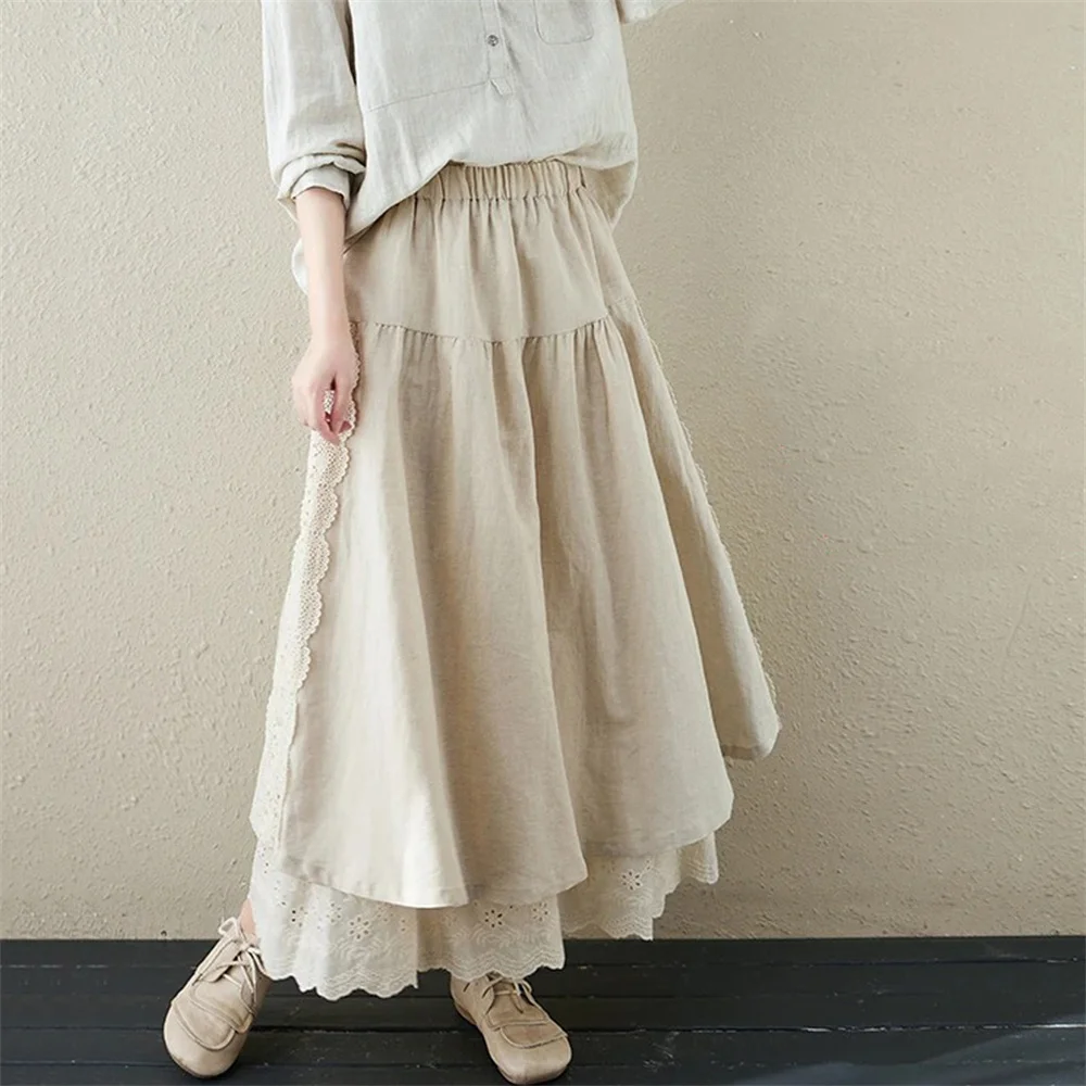 Women Summer Japanese Mori Girl Embroidery Lace Cotton Linen Skirts Vintage High Waist Casual A-Line Boho Skirts Faldas Mujer