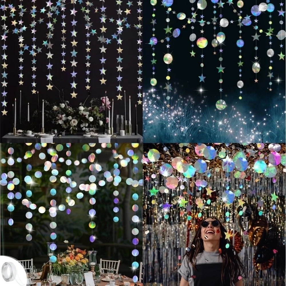 4M Iridescent Party Decor Holographic Circle Iridescent Star Decorations, Hanging Stars Banner Decor for Birthday Wedding Xmas