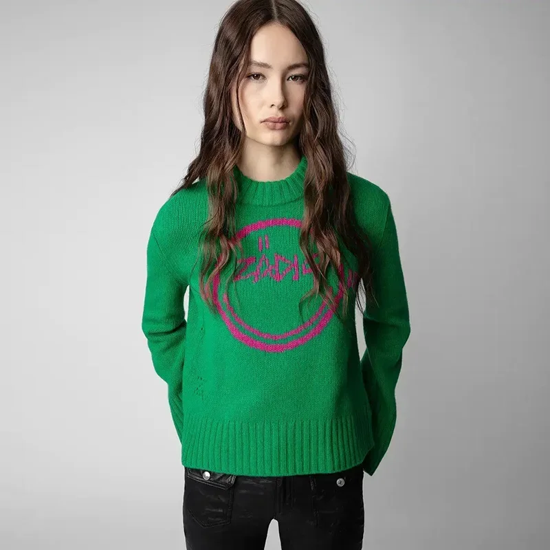 New French Niche ZV Smiley Letter Hanging Wool Green 100% Wool Sweater Women's Sweater