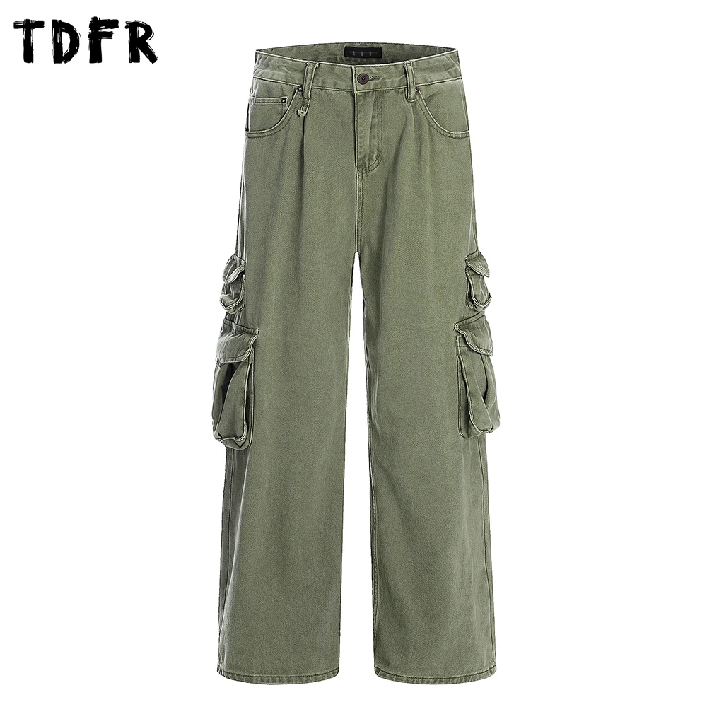 

Washed Distressed Multi-Pocket Jeans Mens Retro Cargo Streetwear Loose Straight Wide leg Denim Pants Men