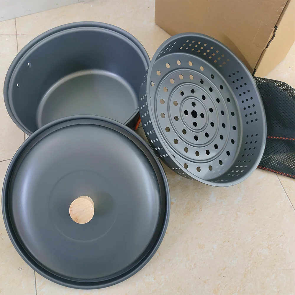 

7,5 л набор для приготовления пищи на природе, легкая кастрюля из твердого алюминиевого сплава с клеткой для приготовления на пару, набор посуды для кемпинга на открытом воздухе