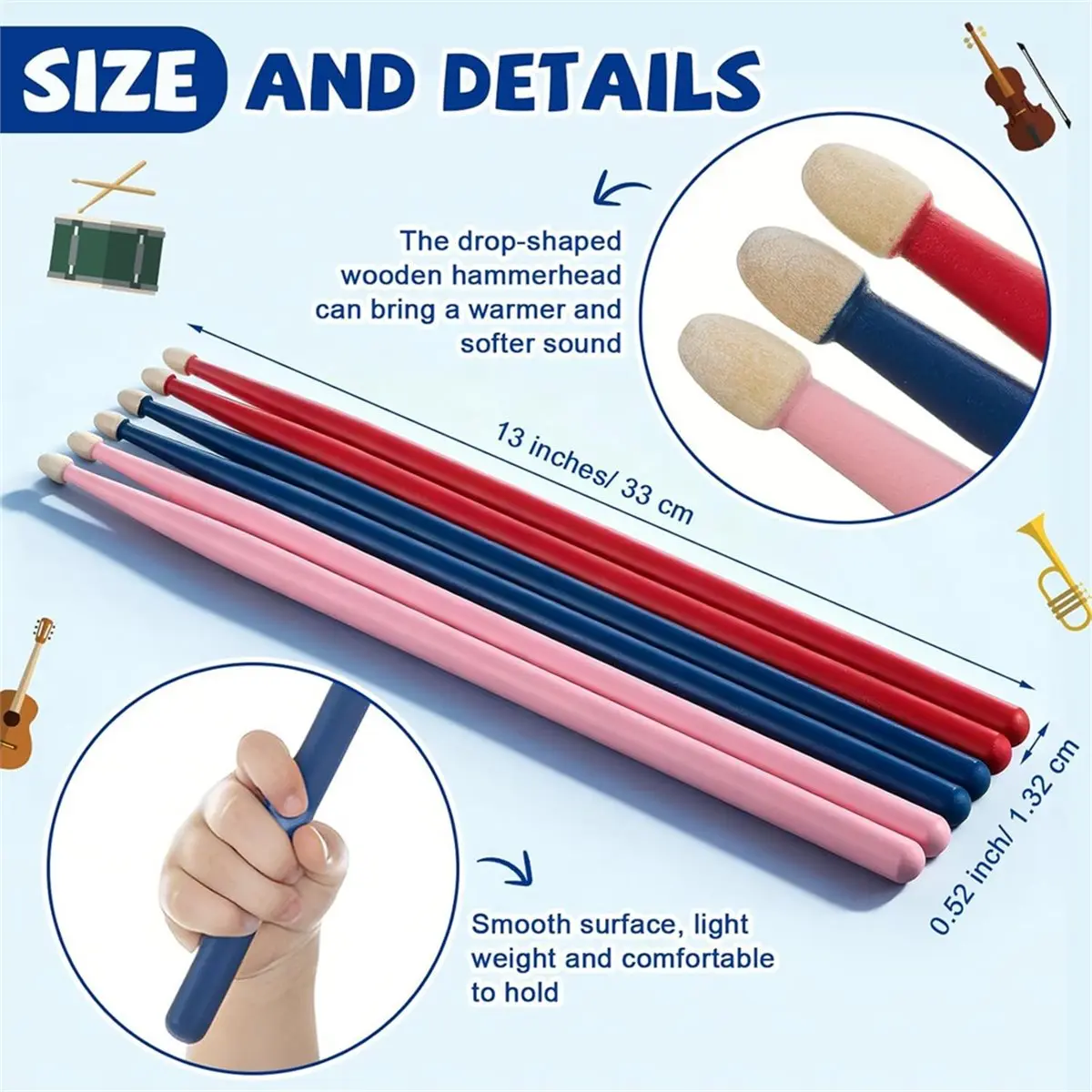 (A30I) 3 Pair Maple Wood Drumsticks for Kids Toddler Drum Sticks Colorful Drum Sticks Musical Instrument Percussion Accessories