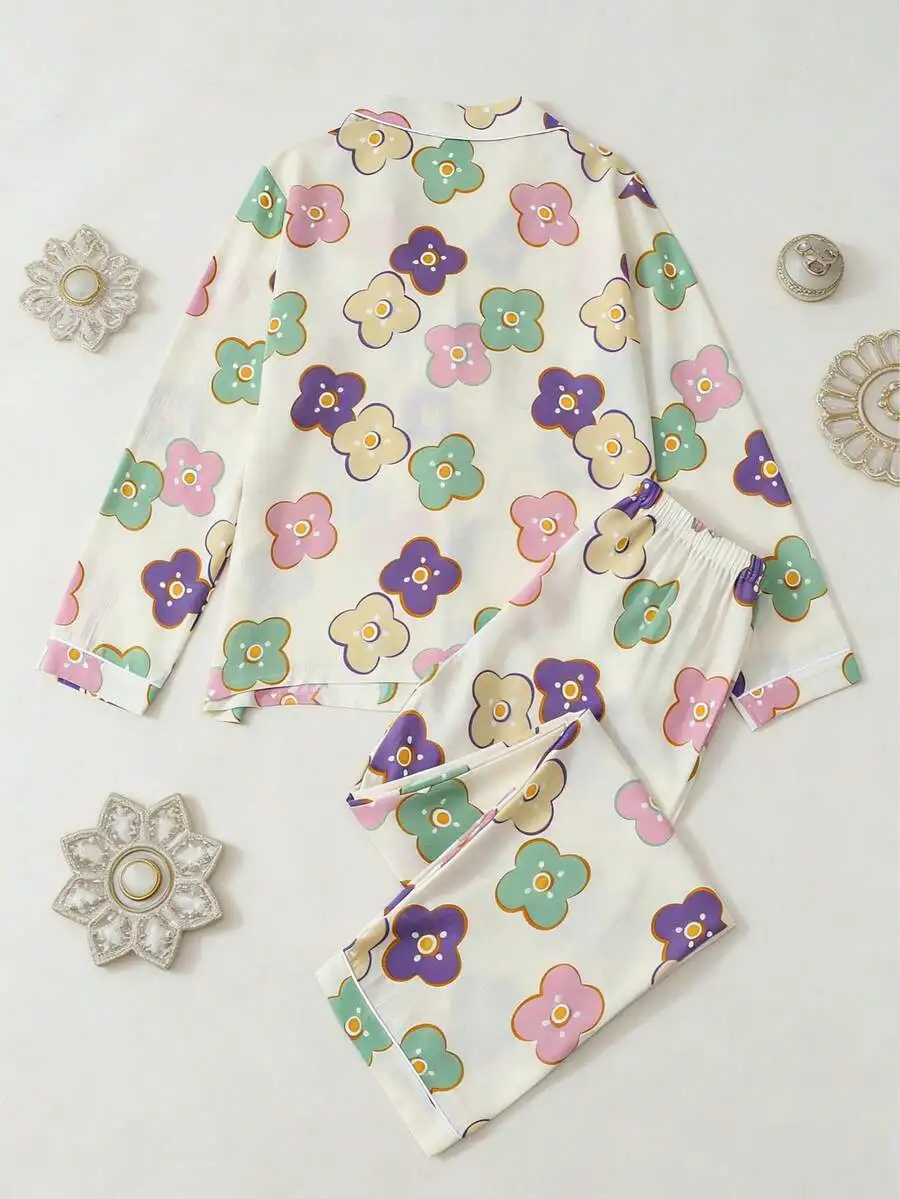 

Womens Two-Piece Long Pajama Set With Retro Floral Print, Soft Fabric, Button-Down Top & Elastic Waist Pants