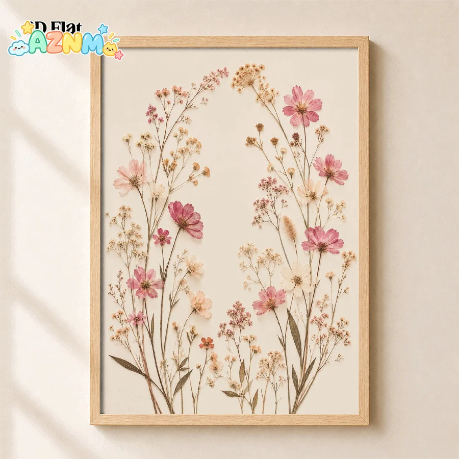 2D Flat, 2D Flat Posters And Prints, Pressed Floral Wall Art Poster, Soft Neutral Canvas Print, Gentle Wildflower Botanical A