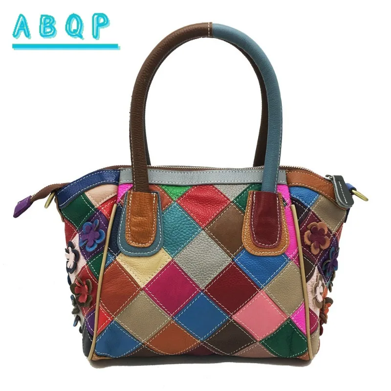 

ABQP New Women's Handbag Luxury Brand Leather Women's Shoulder Bag Hand-spliced Colored Flower Casual Women's Bag Large Capacity