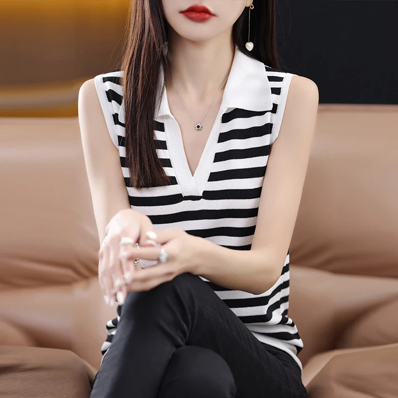 2023 Summer New Ice Silk Women's T-shirt Loose Underlay Sleeveless Knit POLO Neck Striped Tank Top for Outwear