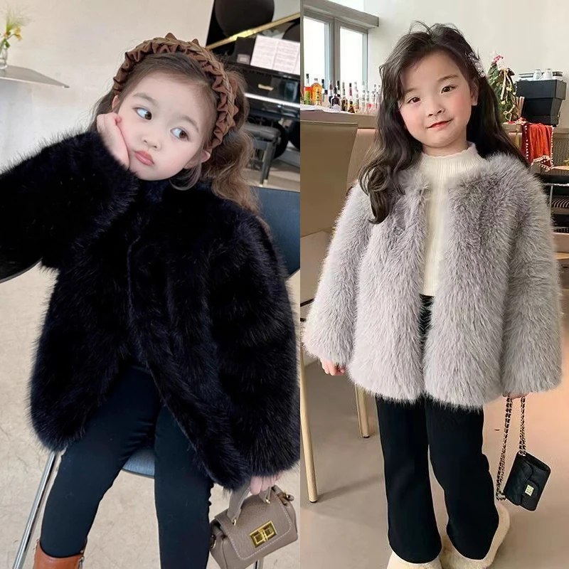 Fashion Hot Winter Fake Fur Girls Jacket Solid Color Thick Keep Warm Fashion Coat For Kids Children Outerwear For 2-10Years Kids