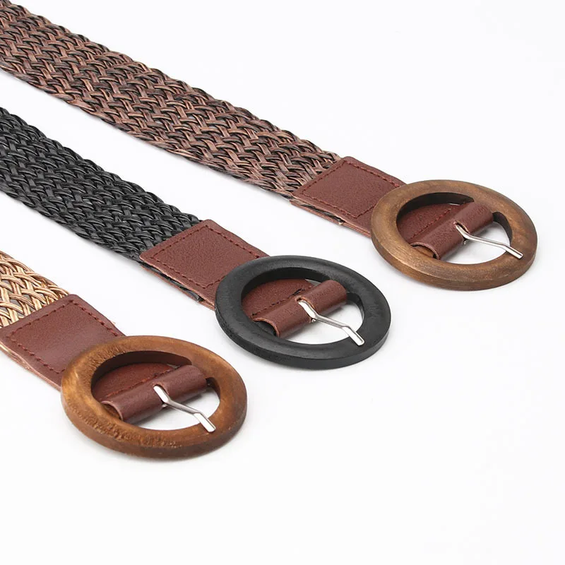 Vintage Braided Waist Belt Summer Solid Female Belt Round Wooden Buckle Fake Straw Wide Elasticity Belts For Women