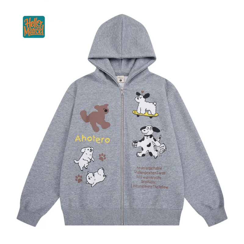 HELLOMARCEL EU US Size Fun Animal Print Zip-Up Hoodie For Men Women Autumn Oversize Casual Travel Street Colleague Zip Hoodie