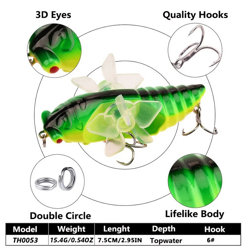 1PC Bionic Cicada Hard Fish Lure Spinning Fishing Bait with Propeller Treble Hook Lifelike Design for Increased Catch Rates