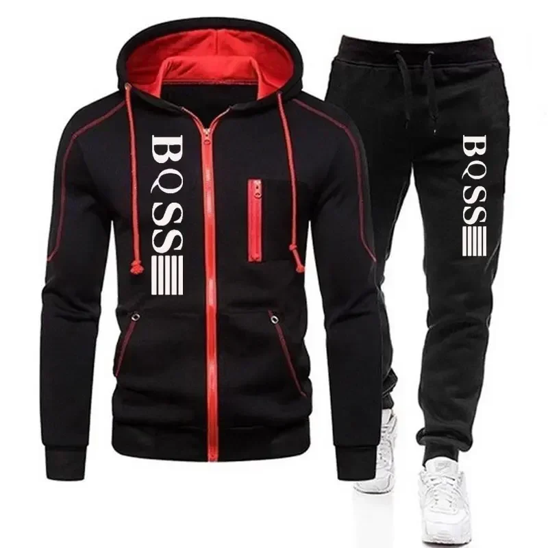 

Fashion Tracksuit Men Suit Autumn New Zipper Cardigan Jacket+Sweatpants Stripe Running Fitness Basketball Jogging 2 Piece Set