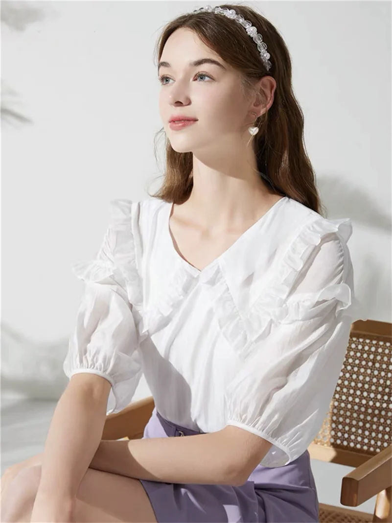 2024 Spring New Women's Tops Rayon Sweet Lovely Double-layer Ruffled Design sense Half Sleeve Lightweight Chic Princess Blouses