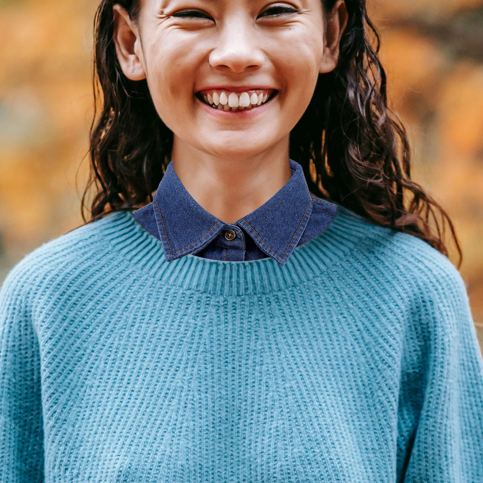 

Fake Collar Half Shirt Blue Detachable Faux Denim For Women Men Korean Style Dickey Lapel Top Clothing Accessory