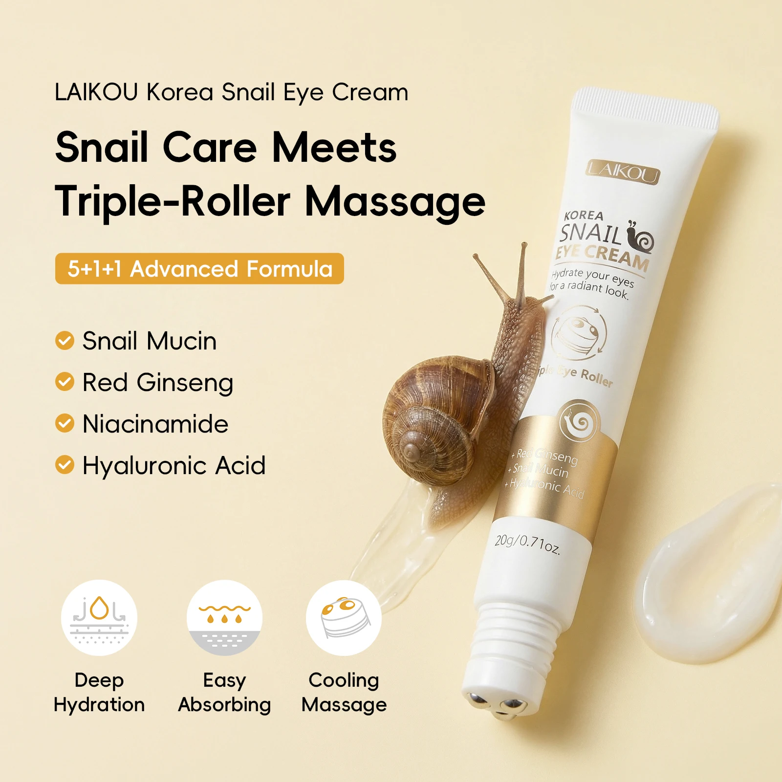 LAIKOU Korea Snail Eye Cream 20g Triple Roller Deep Hydration Easy Absorb Cooling Massage Non-greasy Eye Care
