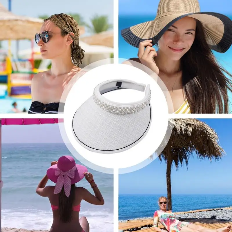 Solid Big Brim Visor For Women Empty Top Female Summer Sunshade Hat Hair Band Style Pearl Adorned Black Rubber Sun Visor Hat - view 4