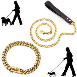 Golden Dog Leash with Collar Suit, Cuban Link Chain, Stainless Steel Pet Dog Safety Leash with PU Leather Handle, 18K Gold