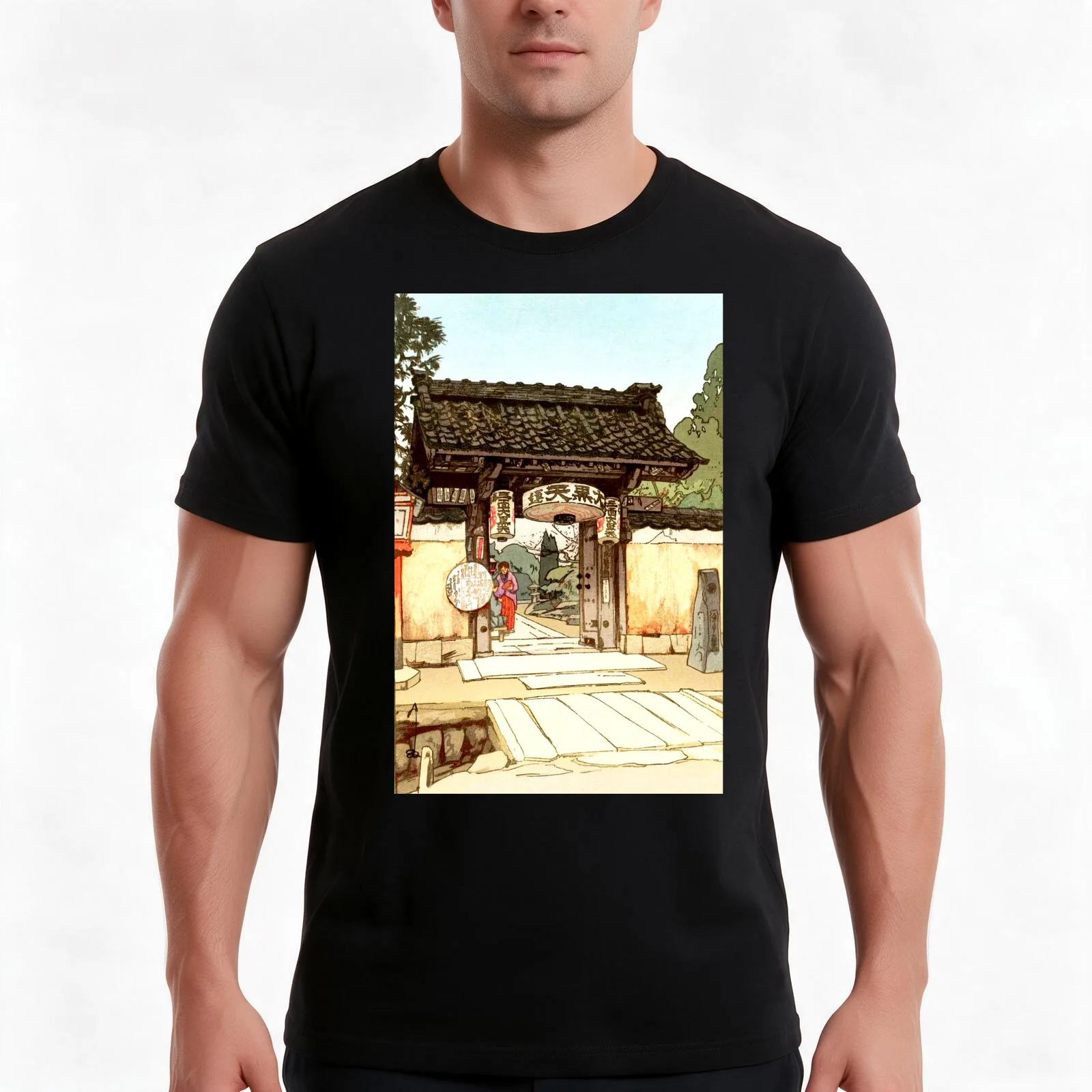 Little Temple Gate Hiroshi Yoshida shin hanga T-Shirt, Summer Casual Cotton Tee, Oversized Streetwear Tops, Unisex Men Women