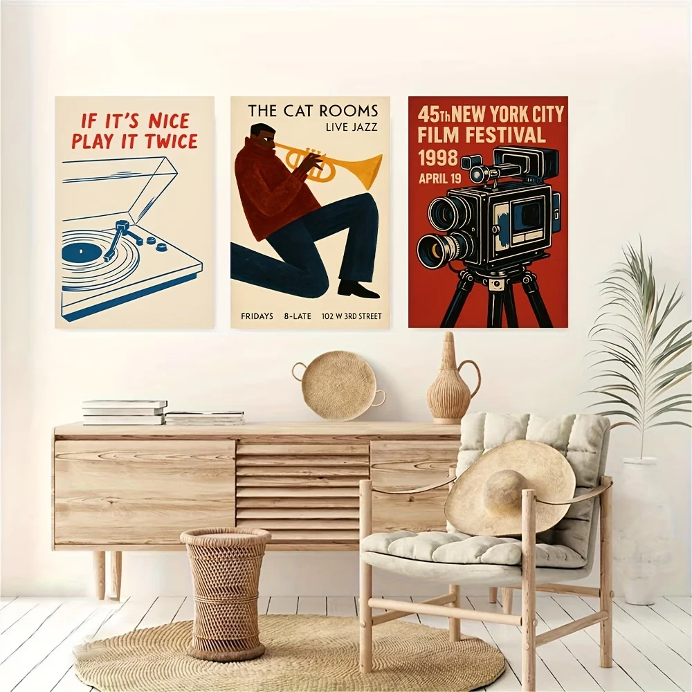 Modern,Retro Jazz Cat, New York Film Festival Wall Art Print Canvas Painting Poster Picture For Living Room,Bedroom Home Decor