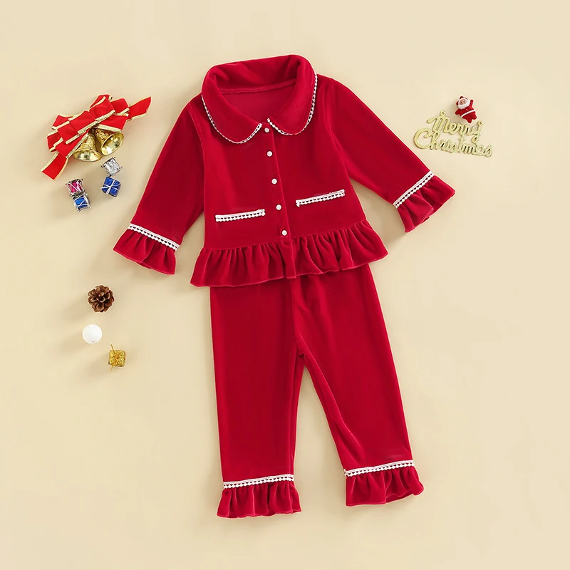 1-5Y Kids Girls Red Velvet Pajamas Set Children Autumn Winter Warm Long Sleeve Ruffle Shirts Pants Sleepwear Homewear Clothing