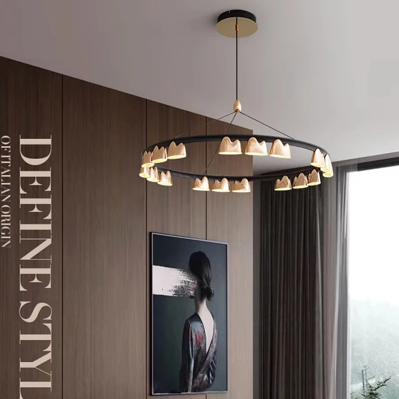 AiPaiTe LED modern gold chandelier mountain peak concave lampshade living room bedroom bedside chandelier.