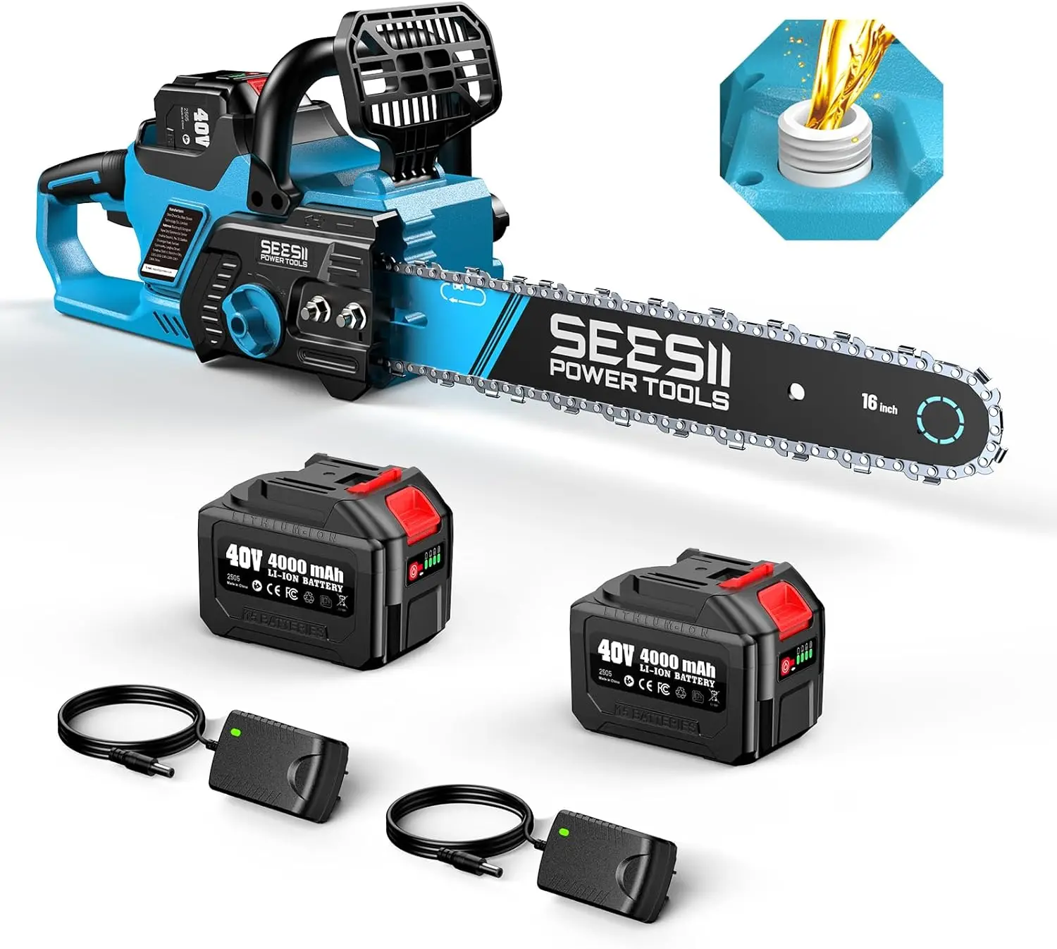 เลื่อยโซ่ไร้สาย Seesii 40V ขนาด 16 นิ้ว แบบไร้แปรงถ่าน พร้อมแบตเตอรี่ 2×4.0Ah สำหรับตัดแต่งกิ่งไม้ ตัดไม้ และงานสวน