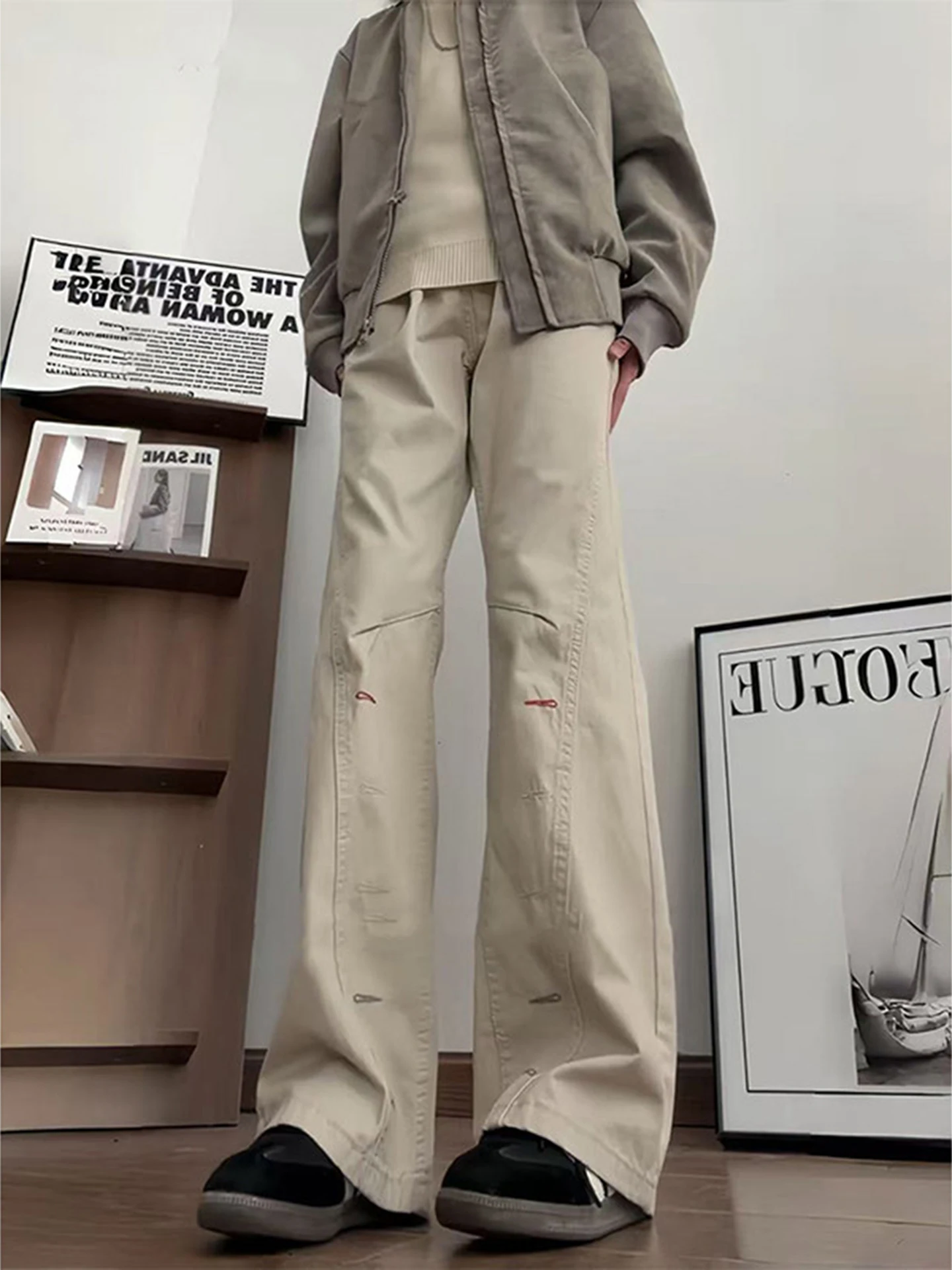 

Мужские джинсы из чистого хлопка с вышивкой, средняя посадка, прямой крой, слегка расклешенные, из денима, повседневная молодежная одежда