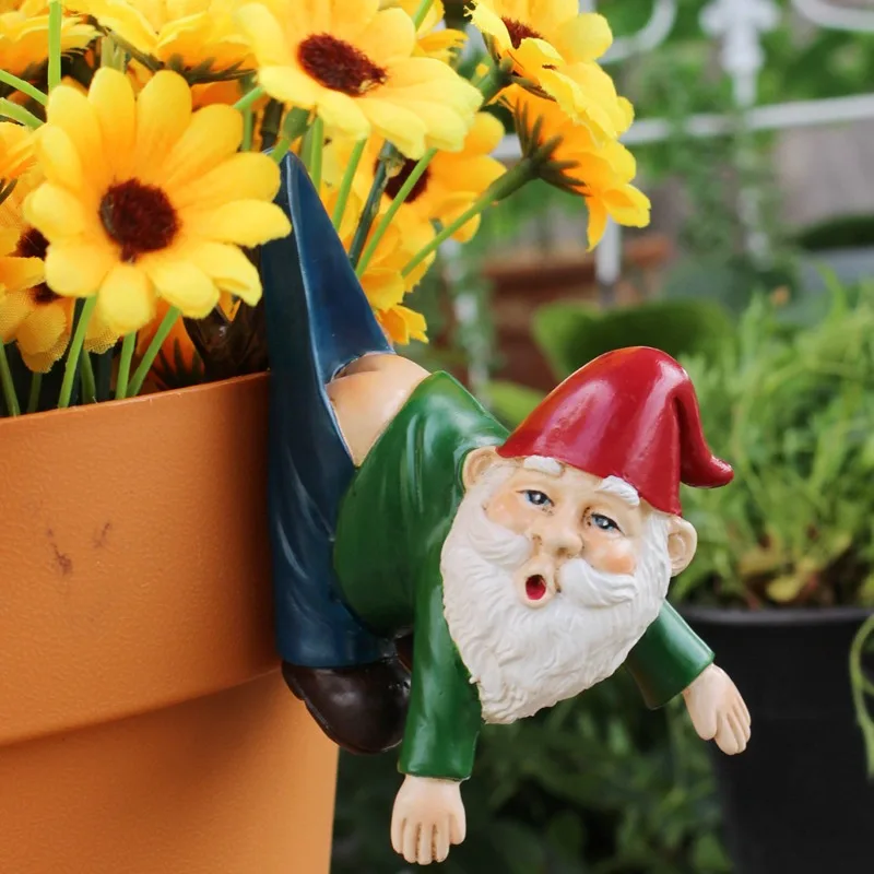 ​​​​​​​Whimsical Garden Gnome Pot Edge Hanger Resin Adorable Fairy Figurine for Outdoor Plant Decor Patio and Lawn Ornament