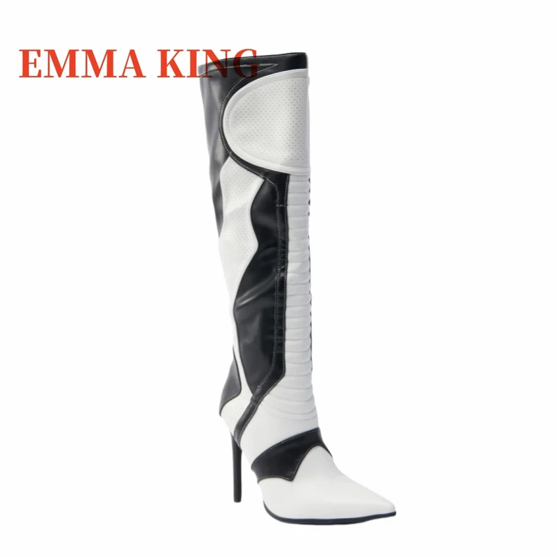 المرقعة النساء حذاء برقبة للركبة مثير مدبب تو كعب ستيليتو أحذية طويلة امرأة الرياضة نمط فارس الأحذية بوتاس دي موهير كبير 44