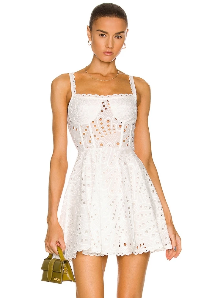 Summer Sexy Sleeveless Embroidery Hollow Out Mini Dress Women White Lace Straps High Waist A-Line Dress Party Evening Sundress