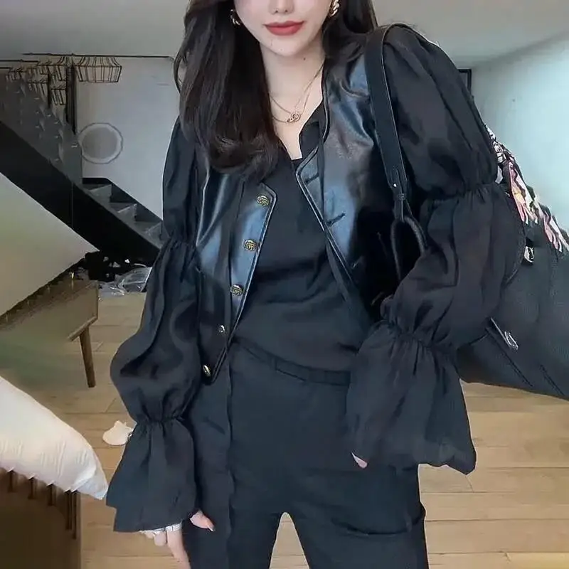 레트로 버블 스웨트 셋트 여성용 트렌디 2026 가을 한국 스타일 PU 가죽 조끼 자켓 투피스 세트 패셔너블 폴리에스터