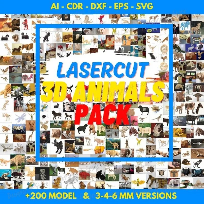 Lasercut 3D Animals Pack +200 Cnc & Laser Cut Files For Cnc Router, Dxf, Svg, Cdr, Ai, Eps Cnc Router, Laser Cutter, Engraver