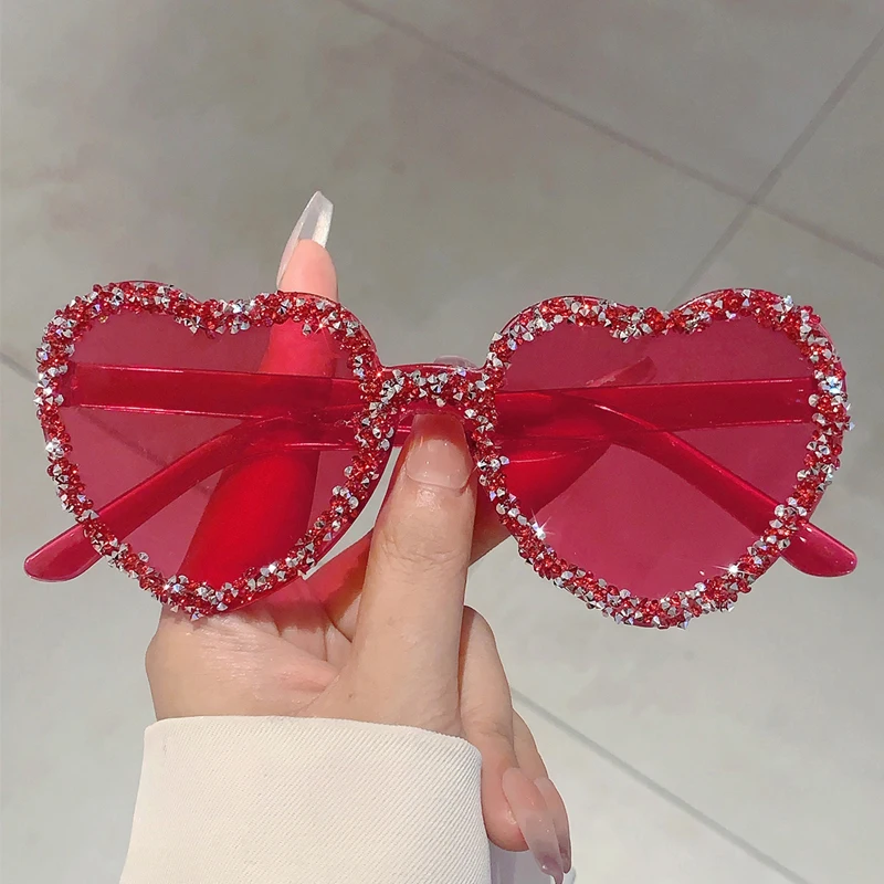 KAMMPT Fashion Brand Crystal Shiny Shades Women Stylish Heart Decor Trends Sunglasses Oversize Candy Color Beach Sun Glasses