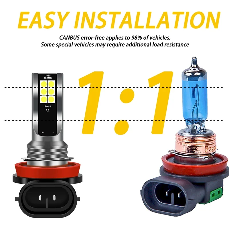 2pcs H4 LED Bulb Fog Lamp H7 9005 HB3 9006 HB4 Led 3030chip 12SMD Super Bright Car Fog Lights Day Running Light 12V White DRL