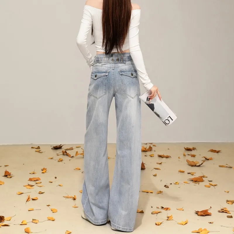 Women Jeans Pants High Waist Loose Wide Leg Baggy Denim Retro Design Adjustable Waist Curved Cut