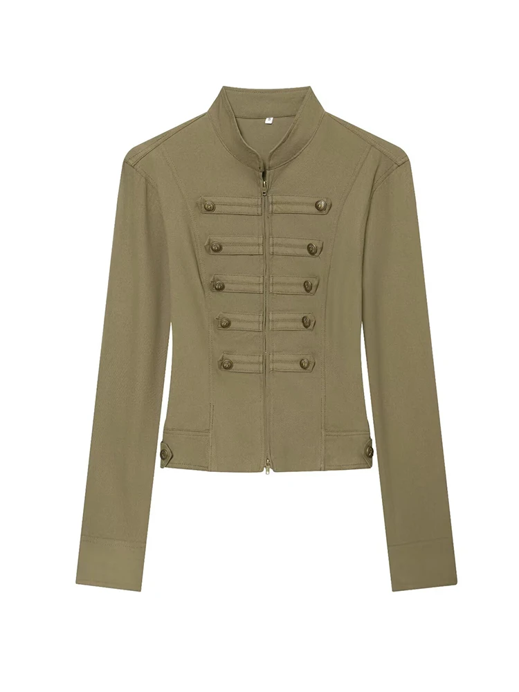 TFMLN 2026 Women Napoleon Style Jacket Vintage Stand Collar Double Breasted Button Zipper Cropped Slim Fit Outerwear Autumn New