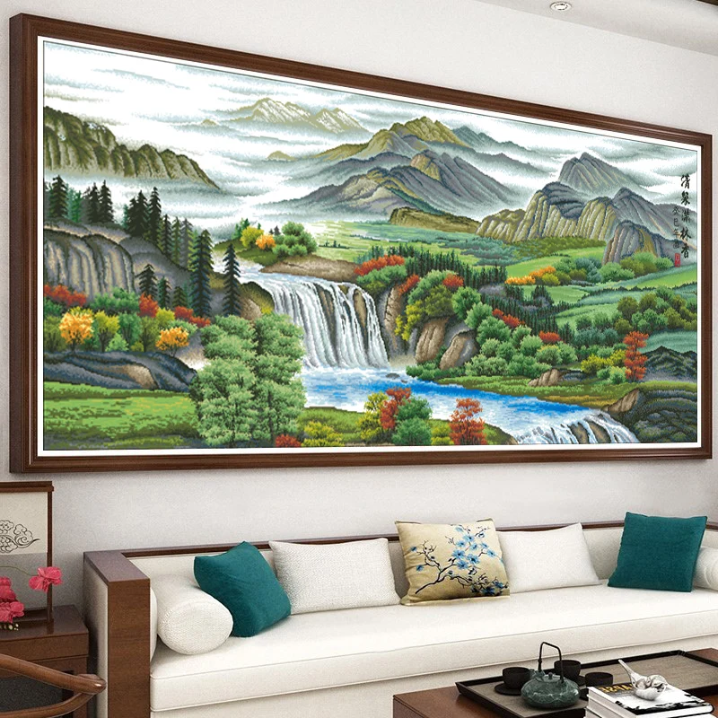 

New 2026 Cross Stitch Line Embroidery Landscape Painting Living Room Wealth Attracting Water Flowing through the Landscape