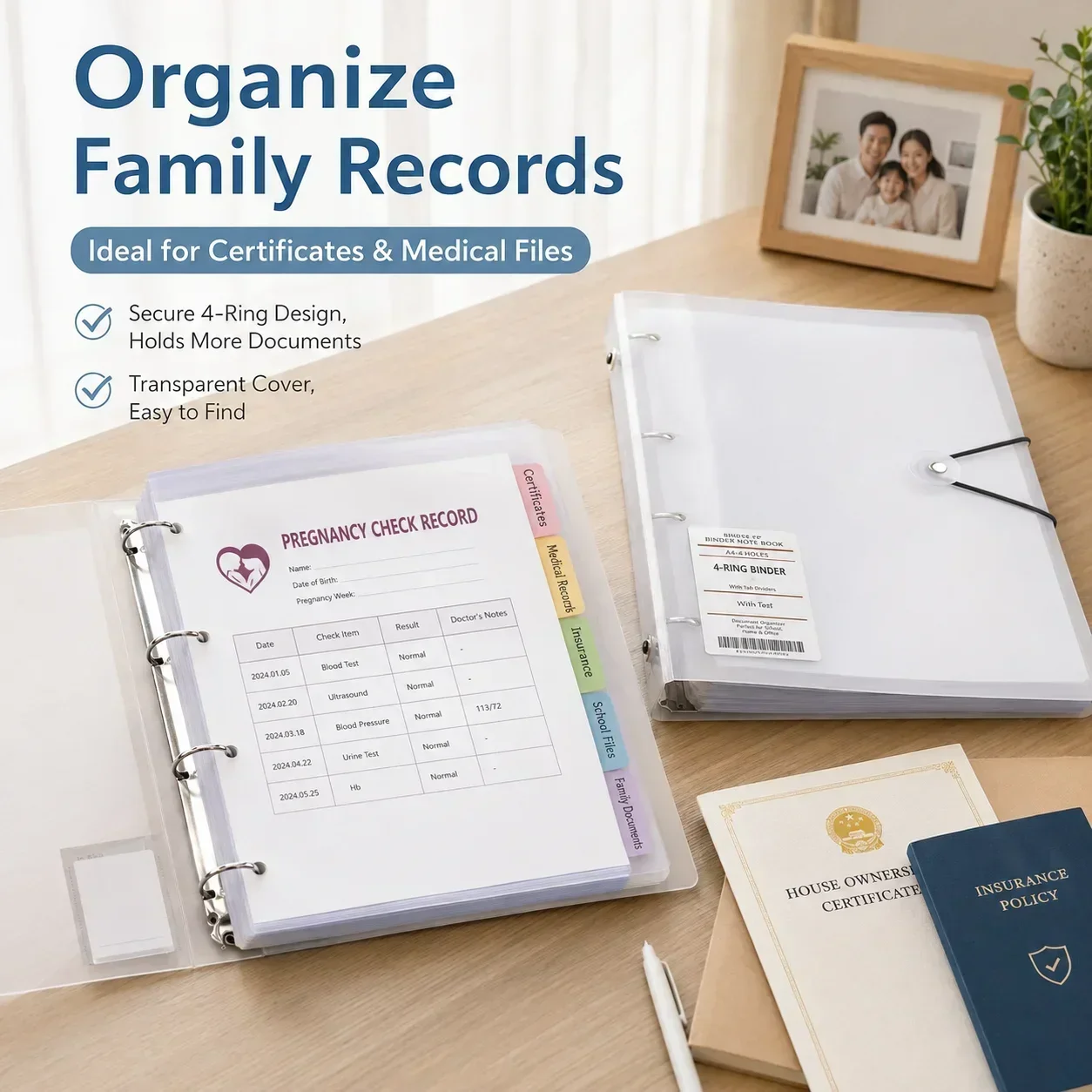 A4 Transparent 4-Hole Binder Case, Test Paper Storage Organizer, Family Certificate and Medical Record Pouch
