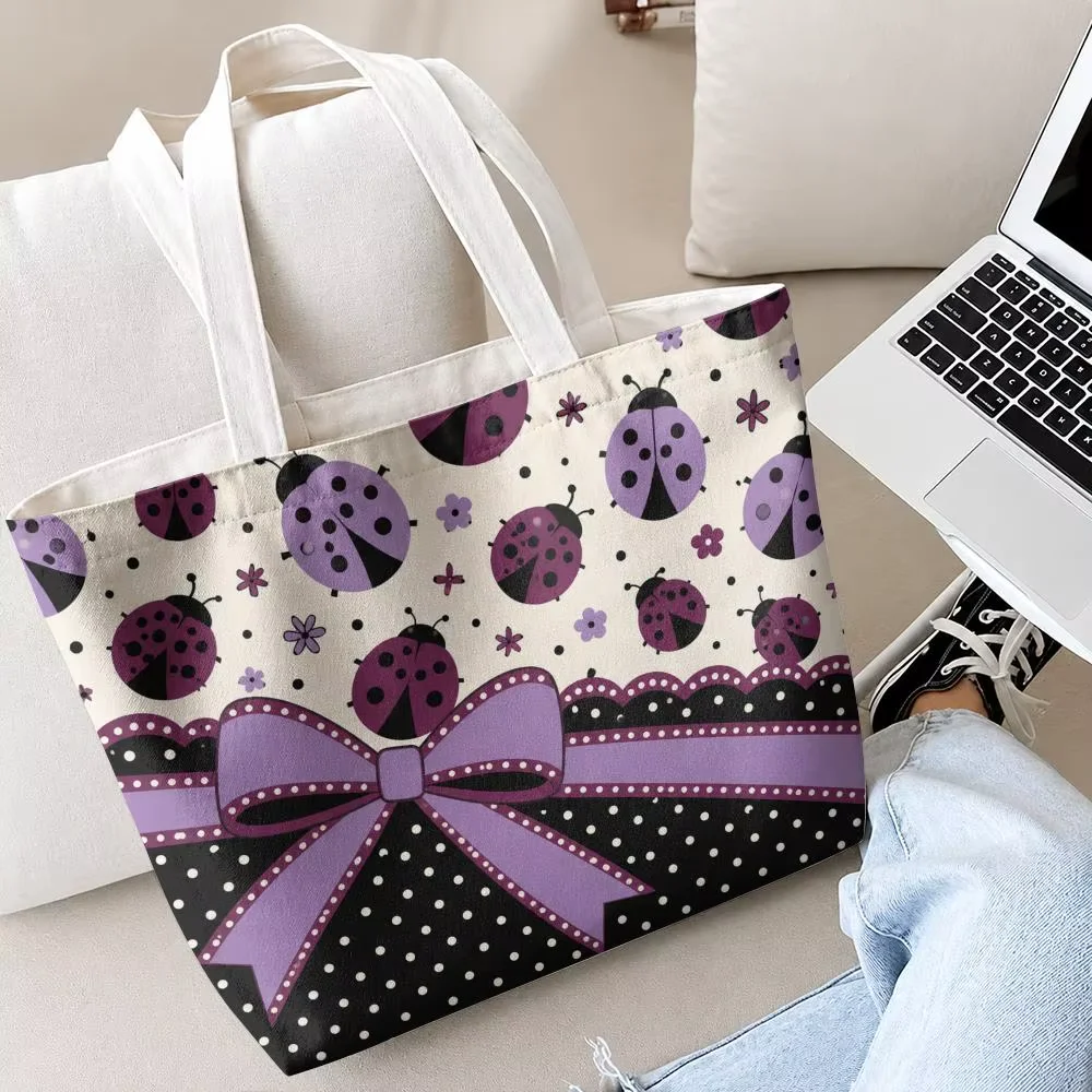 Storage Bags Ladybugs Love Hearts 2-Piece Set Double-Sided Print with Zipper Canvas Eco Tote Bag for Beach Travel Picnic