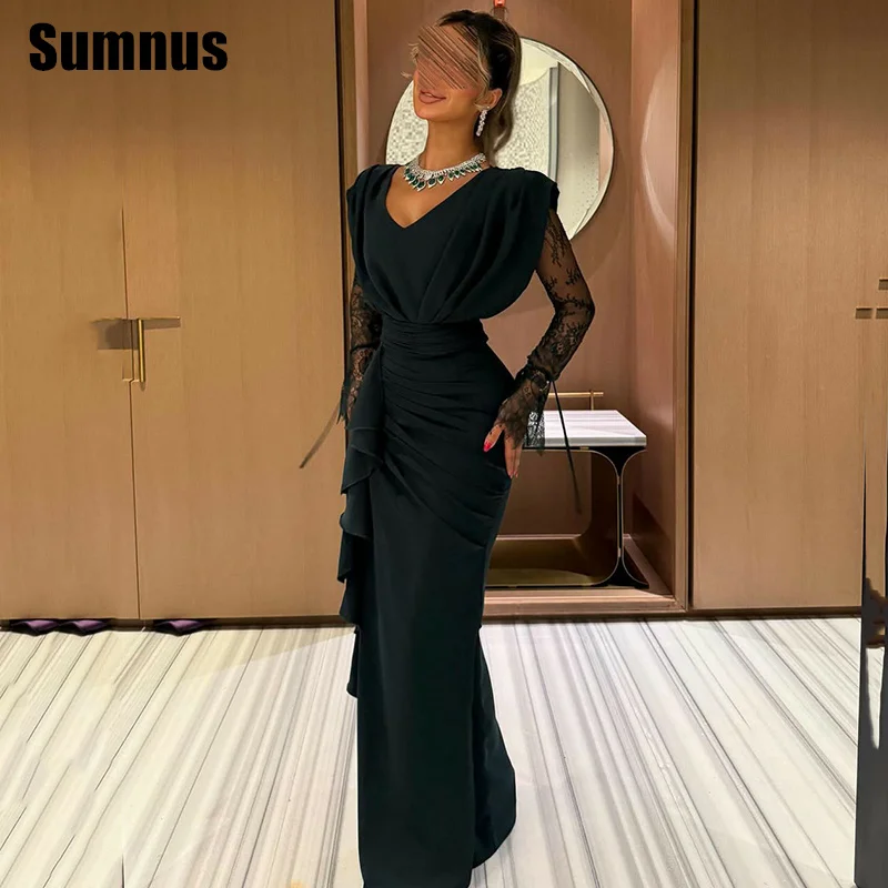 

Sumnus Modern Mermaid Evening Dresses V-Neck Pleats Long Sleeves Formal Occasion Gowns فساتين سهرة Customized